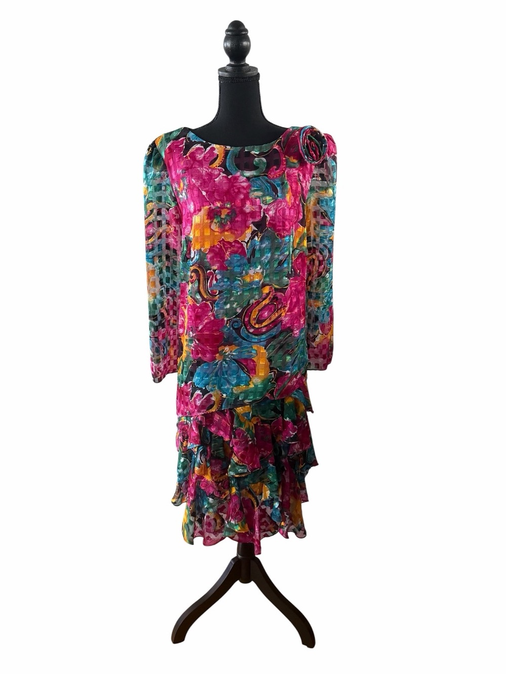 Patra Plus Floral Tiered Ruffle Multicolor Jacquard Dress Vintage 18/19/20